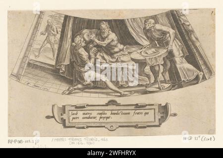 Jakob gets the paternal blessing of Isaac, Cornelis Cort, After Frans Floris (I), 1563 print  Antwerp paper engraving Isaac lying in bed blesses Jacob who, disguised in Esau's clothes, brings food to his father; Jacob's hands and neck are covered with goatskins Stock Photo