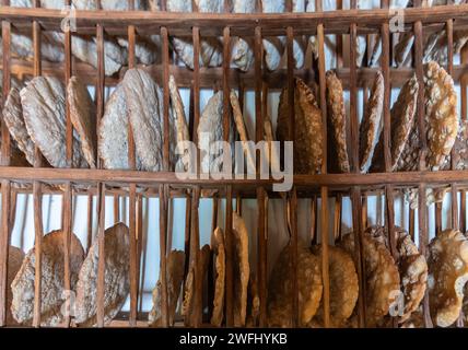 South Tyrol bakery producing traditional bread named Schuettelbrot: crispy rye bread Stock Photo