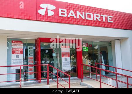 Merida Mexico,Zona Paseo Montejo Centro,Banorte bank branch office,outside exterior,building front entrance,sign signs information,promoting promotion Stock Photo