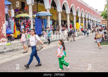 Merida Mexico,centro historico central historic district,Calle 56A,shopping district,Lucas de Galvez mercado market,Portal Granos building arches,moth Stock Photo