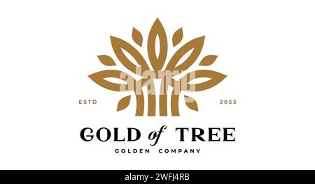 Tree Label, Sign, Logo Oak, Olive Eco Brand. Logo gold tree template company sign, organic eco heraldic icon. Graphic template emblem life symbol, silhouette tree logotype. Vector Illustration Stock Vector