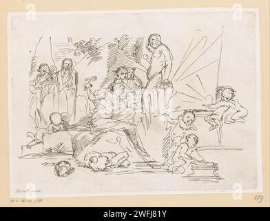 Woman with cross on rock, anonymous, after Pietro Testa, c. 1650 - c. 1750 print A woman with a cross in her hand, sitting on a rock. She is surrounded by putti and other figures. Italy paper etching Altarcross, crucifix. Cupids: 'Love' 'Amoretti' 'Putti'. Rocks Stock Photo