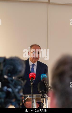 Belfast, United Kingdom, 31 01 2024, Micheál Martin speaks to the media at the Ulster Museum Credit: HeadlineX/Alamy Stock Photo