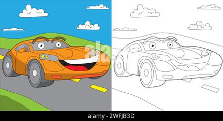 Cute smiling Race Car coloring page for kids Stock Vector