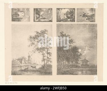 Six performances including landscapes, cityscapes and figures., Pieter Bartholomeusz. Barbiers, 1809 - 1837 print On the left a woman at a ruin, above it a bridge with a boat underneath. Larger is a landscape with a river, cows, trees, a house, a mill and boats. On the right half of the leaf at the top of a resting walker with a woman underneath, seen on the back, with a child on the arm and on the skirt. Larger depicted a moon -lit garden with a pond and garden house. Haarlem paper  landscape with ruins (+ city(-scape) with figures, staffage). bridge in city across river, canal, etc.. windmil Stock Photo