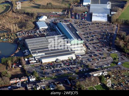 aerial view of Bents Garden and Home, a garden centre in Glazebury, Warrington, Cheshire Stock Photo