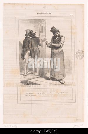 Kelner grumbles on two decent gentlemen, Paul Gavarni, 1838 print  Paris paper  employer  employee. street. standing figure Stock Photo