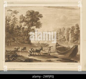 Landscape with cattle and ferry on a river, Richard Earlom, After Claude Lorrain, 1774 print  London paper etching ferry. cattle. river Stock Photo