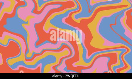 Psychedelic trippy retro background in groovy y2k style. Wave or swirl print in pink, blue, yellow and red colors. Simple abstract vector illustration Stock Vector