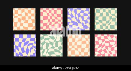 Set of vector distorted retro chessboard patterns. Stock Vector