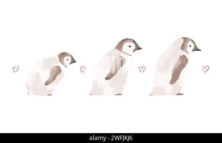 Cute penguins walking in line illustration. Valentine day card. Love concept illustration Stock Photo