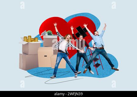Vertical creative collage picture illustration happy smile surprised young three man jump help donate big heart box white blue background Stock Photo
