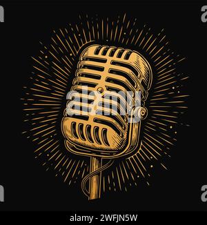 Retro microphone and rays. Recording Mic. Hand drawn vintage vector illustration Stock Vector