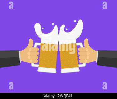 Two hands are holding beer glasses and clink glasses. Friendly toast, a lot of beer foam is pouring out of the glasses. Isolated vector illustration. Stock Vector