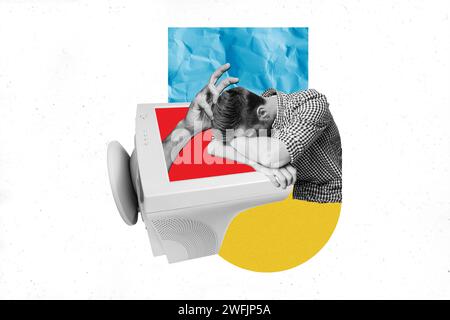 Collage picture image of tired exhausted man sleeping workplace isolated on drawing background Stock Photo
