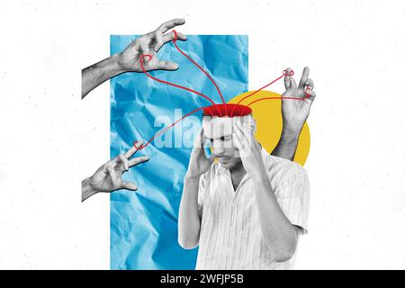 Collage image of sad upset man suffering pain manipulation isolated on drawing background Stock Photo