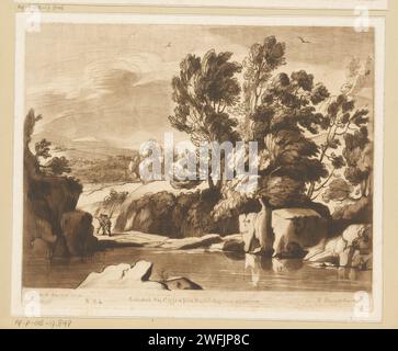 Trees and rocks at a stream, Richard Earlom, After Claude Lorrain, 1775 print  London paper etching rocks. river. trees Stock Photo