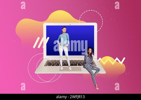 Photo collage image young two girls huge laptop pc screen display remote freelancer work fashion model stylish suit drawing background Stock Photo