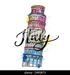 Travel to Italy poster, greeting card, print with hand drawn calligraphy lettering. Vector sketch illustration of Italian Leaning Tower of Pisa on col Stock Vector