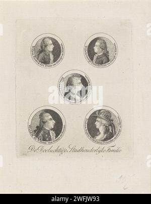 Tokens with portraits of Willem I Frederik, King of the Netherlands, Frederik, Prince of Oranje-Nassau, Louise, Princess of Oranje-Nassau, Willem V, Prince of Oranje-Nassau, and Wilhelmina van Pruisen, Anonymous, 1780-1849 print Above: Portrait of Willem I Frederik in a circle with edge script left and portrait of Frederik in a circle with a border script on the right. Middle: Portrait of Louise in a circle with edge. Below: portrait of Willem V in a circle with edge script left and portrait of Wilhelmina in a circle with a border script on the right. In the lower margin a rule of Dutch text. Stock Photo