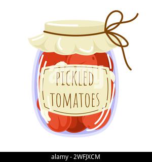Homemade pickled tomatoes in glass jar. Flat style illustration of marinated vegetables for packaging, label, menu, food store. Vector illustration Stock Vector