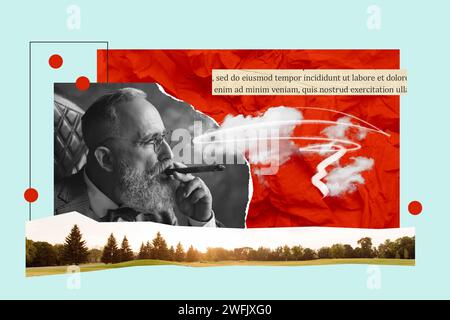 Luxurious lifestyle concept collage of successful businessman smoking and looking at beautiful forest view isolated on blue background Stock Photo