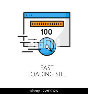 Fast loading site. CDN. Content delivery network icon, website speed upload and update, Internet portal content delivery and backup server outline vector sign with internet connection speed test page Stock Vector