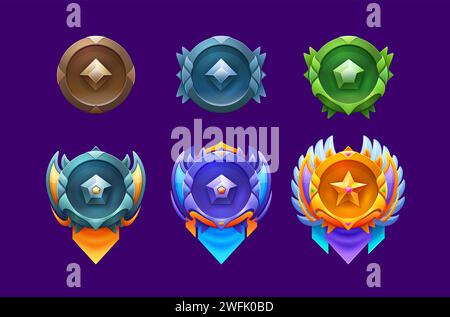 Game level rank badges or rate trophy. Cartoon vector set of gold, silver, blue, green and bronze award badges with banners, stars and wings. Isolated ui icons, bonus, reward, achievement and prize Stock Vector