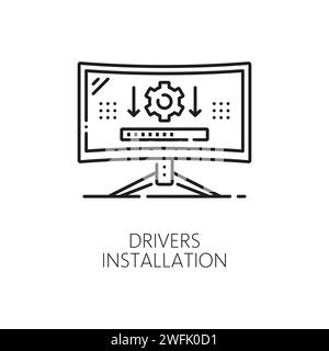 Computer software line icon of driver installation, outline vector. PC or laptop hardware and computer service center, maintenance and support of digital device with drivers update installation Stock Vector