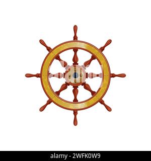 Ship helm, cartoon boat wheel. Isolated vector nautical steering wheel or rudder adorned with weathered brass, commands the vessel course. Its spokes and worn wood tell tales of maritime journeys Stock Vector