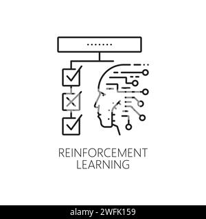 Machine reinforcement learning, AI artificial intelligence algorithm icon. Artificial intelligence future technology, robotic learning algorithm, computer innovation line vector icon with android face Stock Vector