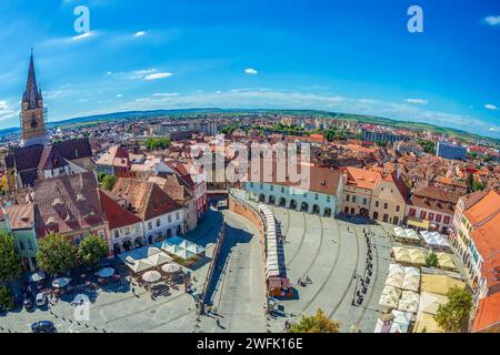 SIBIU,TRANSYLVANIA,ROMANIA-JULY 8,2020:Aerial view from the Council Tower over Little Square,part of the old citycenter.Founded by German settlers Stock Photo