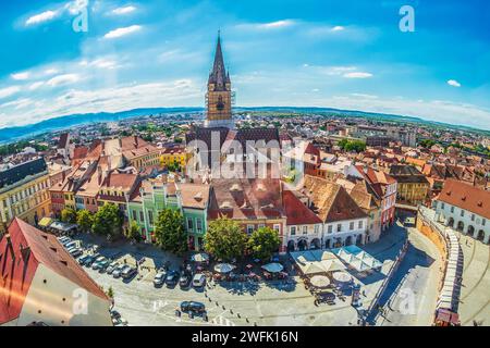 SIBIU,TRANSYLVANIA,ROMANIA-JULY 8,2020:Aerial view from the Council Tower over Little Square,part of the old citycenter.Founded by German settlers. Stock Photo