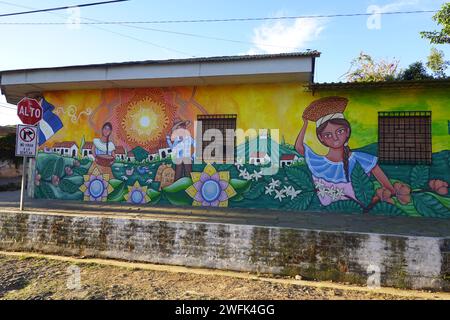 Murals on the walls of shops and houses in Concepcion de Ataco, Ahuachapan, El Salvador, Central America Stock Photo