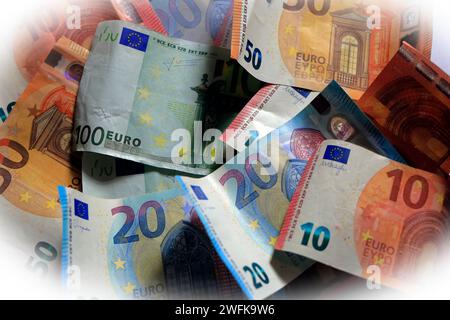 Various denominations of Euro notes. Studio set up on white background 2023 Stock Photo