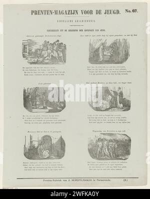 Scenes from the Government of the Kings of Judah, 1850 print Page with 6 performances about the government periods of the Old Testament kings of Judah. Above each performance a title and a four -line verse below each performance. Numbered at the top right: No. 67, numbered at the bottom right: (3.). Publisher: Purmerendprint Maker: Netherlands paper letterpress printing Old Testament. Adoram is stoned to death; Rehoboam escapes in his chariot to Jerusalem. Asa turns to the doctors instead of God for help. Joash is proclaimed king at the age of seven. Hezekiah's illness and recovery (2 Kings 20 Stock Photo