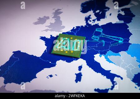Europe Map with virtual gavel and sound block and a CPU with AI word Stock Photo