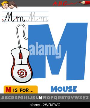 Educational cartoon illustration of letter M from alphabet with computer mouse object Stock Vector