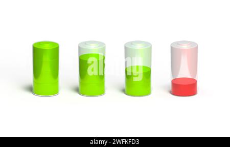 Battery from fully charged to discharged. 3D battery on a white background. Stock Photo