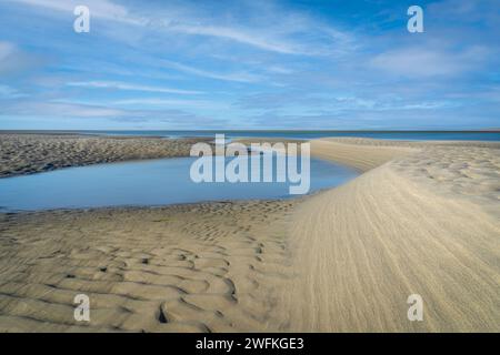 Sculptured sands are revealed at low tide on the unspoilt West Wittering beach. Stock Photo