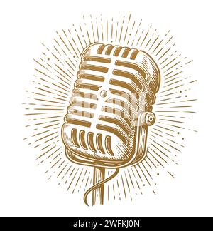 Vintage microphone and rays. Recording Mic. Hand drawn retro vector illustration Stock Vector