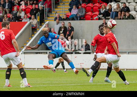 Adama Sidibeh, playing as striker for Warrington Rylands v FC United of Manchester, Broadhurst Park, Manchester, England, 16th September 2023 Stock Photo