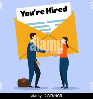You're Hired, New Employee Concept. Manager shaking hands with new employee.  Person found a new job Stock Vector