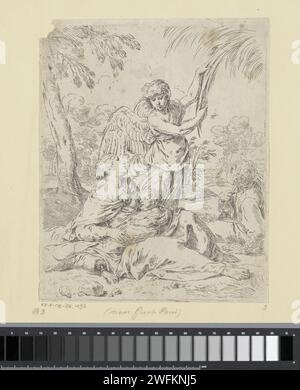 Rest on the flight to Egypt, Simone Cantarini, 1622 - 1648 print The Holy Family rests in a landscape during the flight to Egypt. Maria sucks the Christ child. There is an angel with the family. Italy paper etching rest on the flight into Egypt Stock Photo