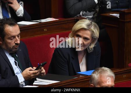 France. 30th Jan, 2024. Marine Le Pen - The Prime Minister, Gabriel Attal, delivers his general policy speech to the National Assembly. in Paris, France on January 30, 2024. (Photo by Lionel Urman/Sipa USA) Credit: Sipa USA/Alamy Live News Stock Photo