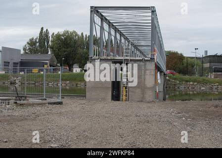 iron bridge in truss construction for traffic and transport purposes iron bridge in truss construction Stock Photo