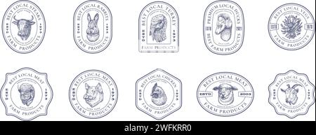 Meat Vegetables and Poultry Farm Retro Framed Badges Logo Templates Collection. Hand Drawn Domestic Animals and Birds Sketches with Retro Typography Stock Vector