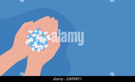 Hands with a pile of white and blue pills in the palms, top view. Flat vector illustration with copy space Stock Vector