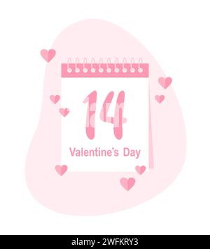 Daily calendar with number 14 and text Valentine's day in pink colors on white background. Vector illustraton in flat style Stock Vector