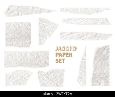 Set of torn paper pieces. White grunge jagged borders, corners and rectangular frames. Vector torn paper sheet for sticker, collage, banner. Ripped Stock Vector